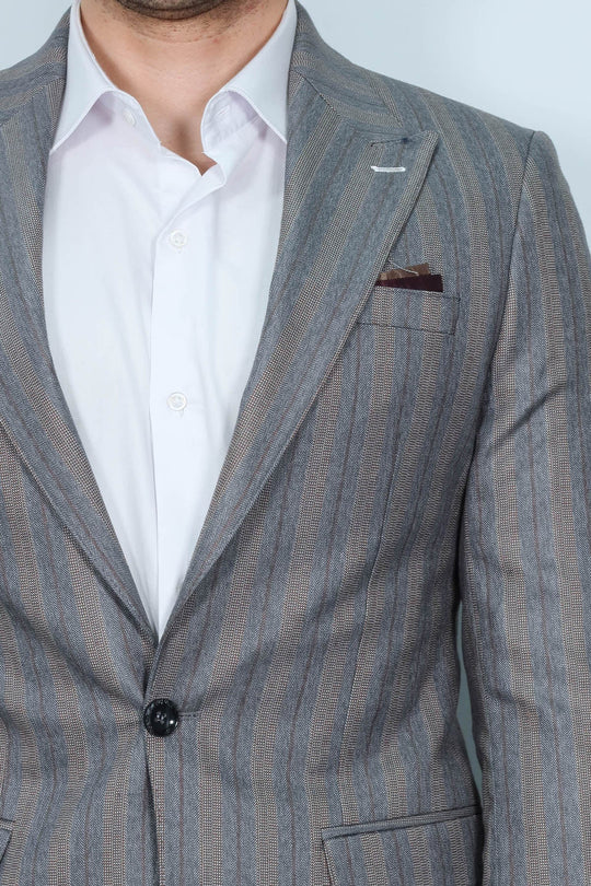 Men’s Grey Textured Vertical Striped Slim Fit Notch Lapel Sport Blazer