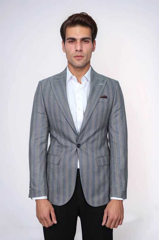 Men’s Grey Textured Vertical Striped Slim Fit Notch Lapel Sport Blazer