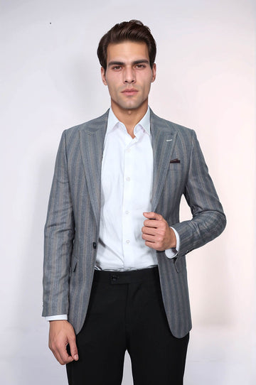Men’s Grey Textured Vertical Striped Slim Fit Notch Lapel Sport Blazer