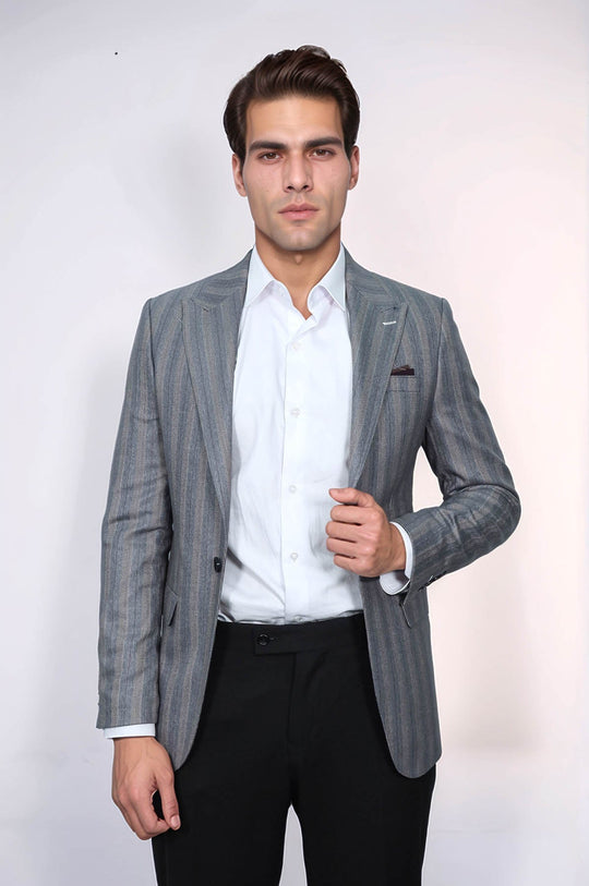 Men’s Grey Textured Vertical Striped Slim Fit Notch Lapel Sport Blazer