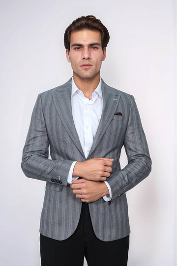 Men’s Grey Textured Vertical Striped Slim Fit Notch Lapel Sport Blazer