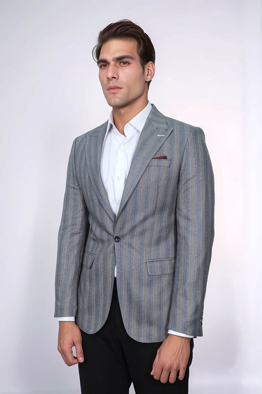 Men’s Grey Textured Vertical Striped Slim Fit Notch Lapel Sport Blazer