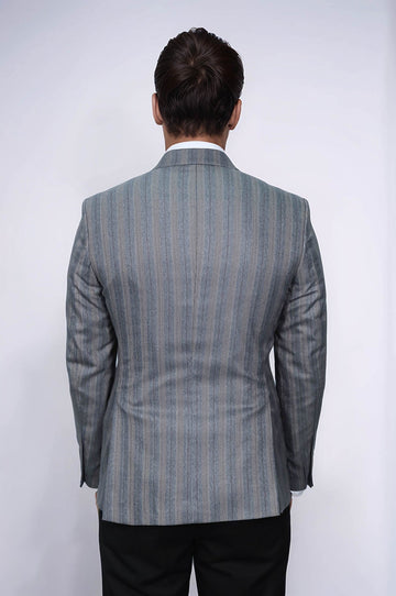 Men’s Grey Textured Vertical Striped Slim Fit Notch Lapel Sport Blazer