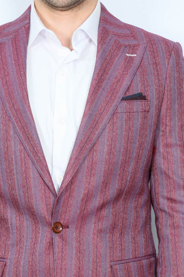 Men’s Burgundy Vertical Striped Slim Fit Single-Button Notch Lapel Sport Blazer