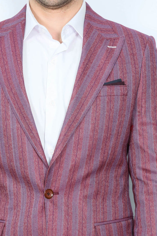 Men’s Burgundy Vertical Striped Slim Fit Single-Button Notch Lapel Sport Blazer