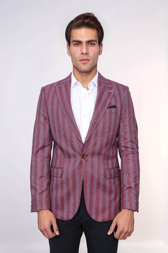 Men’s Burgundy Vertical Striped Slim Fit Single-Button Notch Lapel Sport Blazer