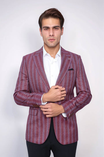 Men’s Burgundy Vertical Striped Slim Fit Single-Button Notch Lapel Sport Blazer