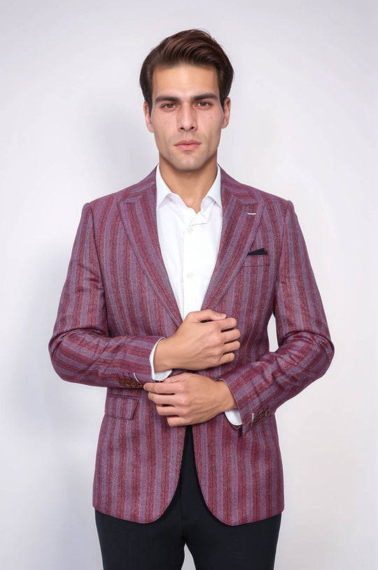Men’s Burgundy Vertical Striped Slim Fit Single-Button Notch Lapel Sport Blazer