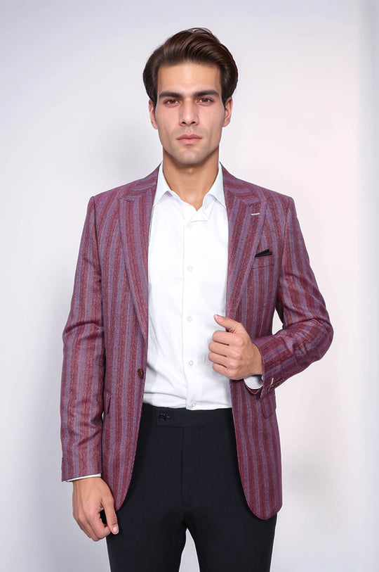 Men’s Burgundy Vertical Striped Slim Fit Single-Button Notch Lapel Sport Blazer