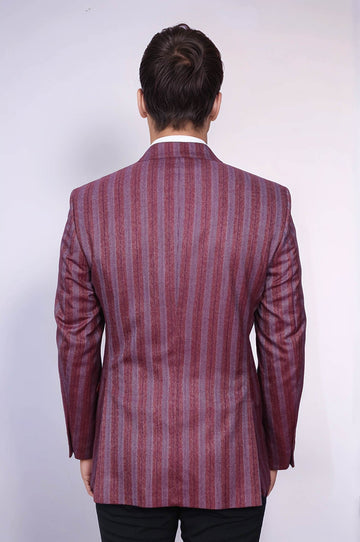 Men’s Burgundy Vertical Striped Slim Fit Single-Button Notch Lapel Sport Blazer