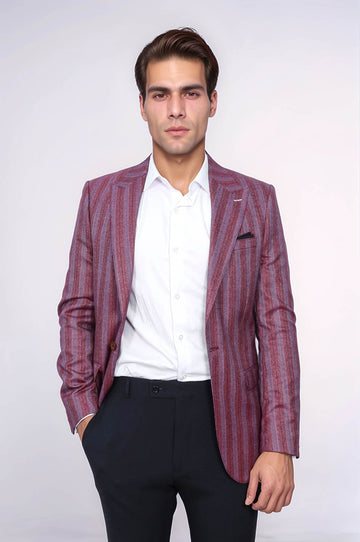Men’s Burgundy Vertical Striped Slim Fit Single-Button Notch Lapel Sport Blazer