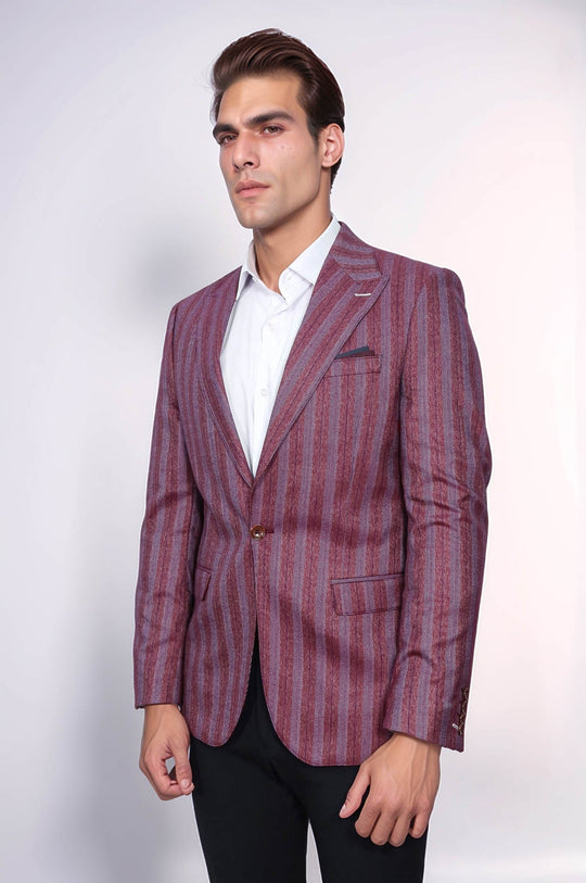 Men’s Burgundy Vertical Striped Slim Fit Single-Button Notch Lapel Sport Blazer