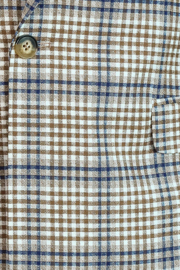Men’s Cream, Brown & Blue Glen Plaid Slim Fit Notch Lapel Sport Blazer