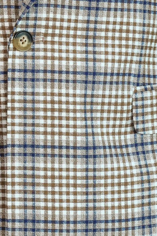 Men’s Cream, Brown & Blue Glen Plaid Slim Fit Notch Lapel Sport Blazer