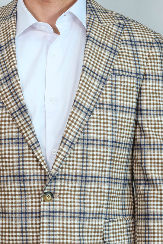 Men’s Cream, Brown & Blue Glen Plaid Slim Fit Notch Lapel Sport Blazer