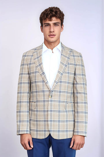 Men’s Cream, Brown & Blue Glen Plaid Slim Fit Notch Lapel Sport Blazer