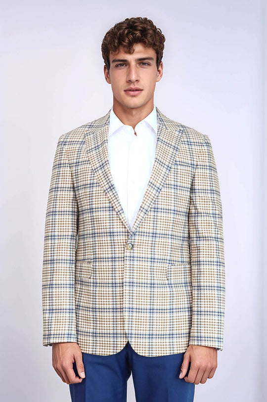 Men’s Cream, Brown & Blue Glen Plaid Slim Fit Notch Lapel Sport Blazer