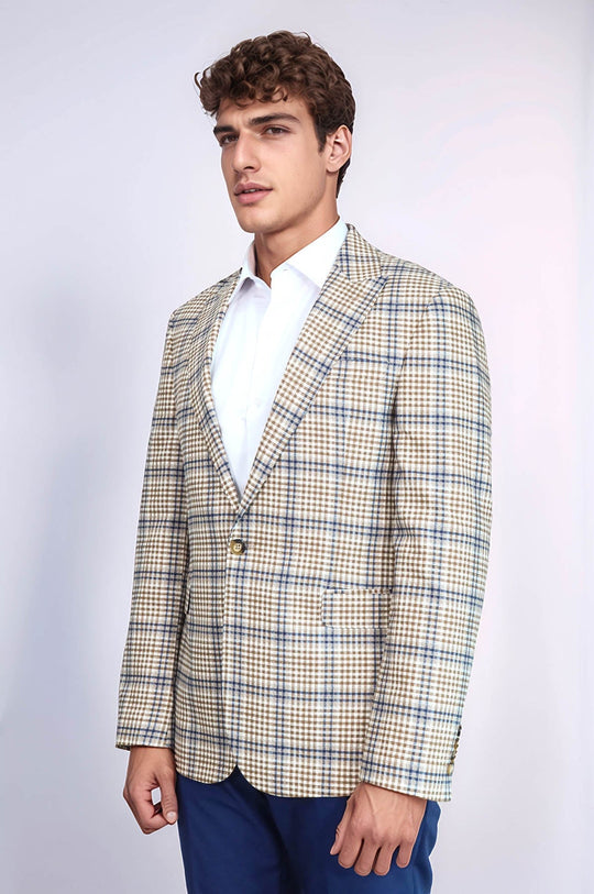 Men’s Cream, Brown & Blue Glen Plaid Slim Fit Notch Lapel Sport Blazer