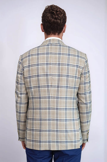 Men’s Cream, Brown & Blue Glen Plaid Slim Fit Notch Lapel Sport Blazer