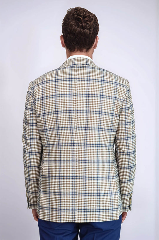 Men’s Cream, Brown & Blue Glen Plaid Slim Fit Notch Lapel Sport Blazer