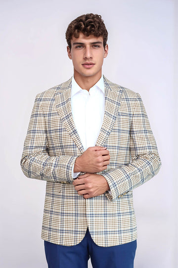 Men’s Cream, Brown & Blue Glen Plaid Slim Fit Notch Lapel Sport Blazer