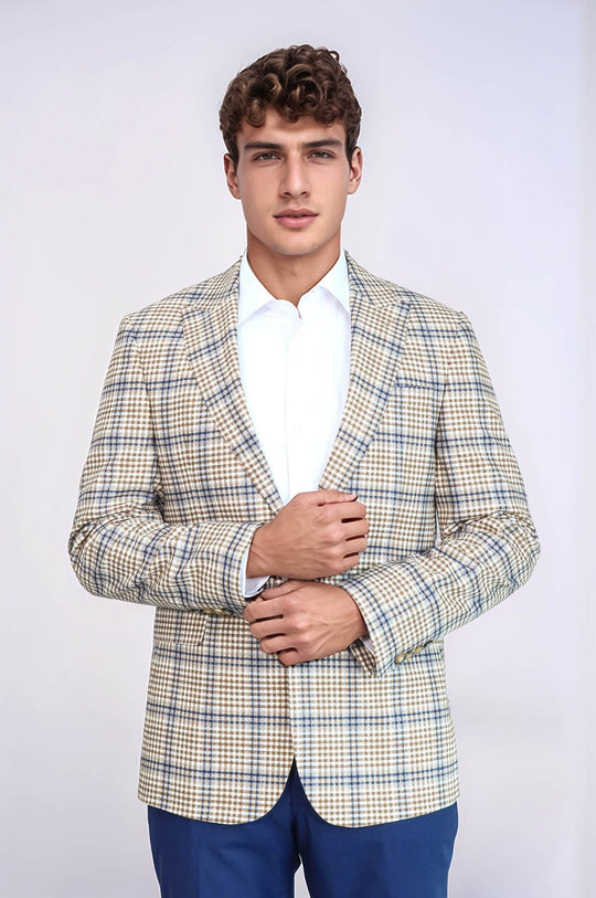 Men’s Cream, Brown & Blue Glen Plaid Slim Fit Notch Lapel Sport Blazer