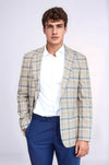 Men’s Cream, Brown & Blue Glen Plaid Slim Fit Notch Lapel Sport Blazer