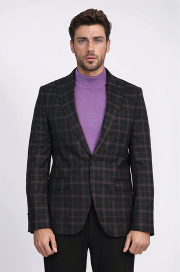 Men’s Midnight Black & Burgundy Checked Slim Fit Notch Lapel Blazer