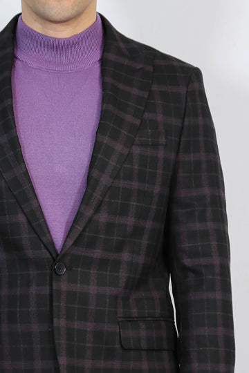 Men’s Midnight Black & Burgundy Checked Slim Fit Notch Lapel Blazer