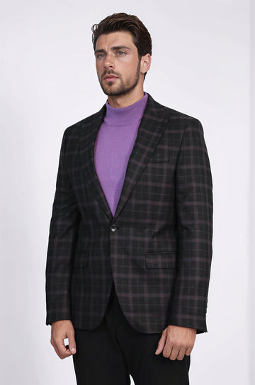 Men’s Midnight Black & Burgundy Checked Slim Fit Notch Lapel Blazer