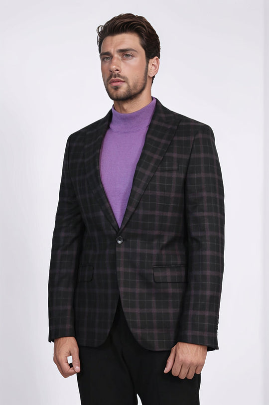 Men’s Midnight Black & Burgundy Checked Slim Fit Notch Lapel Blazer