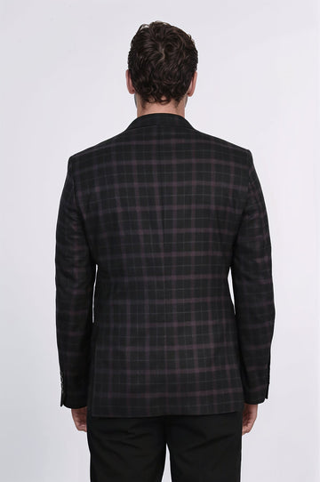 Men’s Midnight Black & Burgundy Checked Slim Fit Notch Lapel Blazer