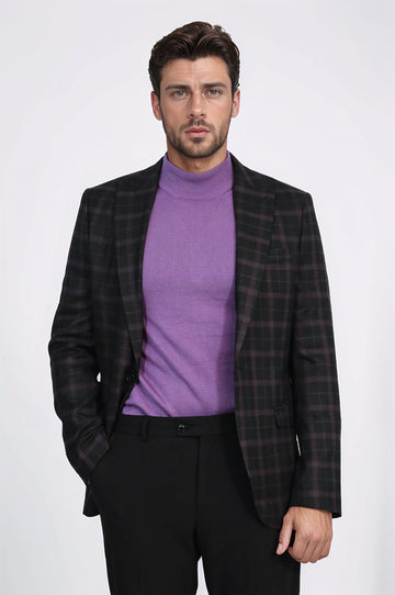 Men’s Midnight Black & Burgundy Checked Slim Fit Notch Lapel Blazer