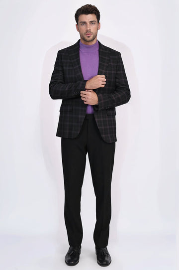 Men’s Midnight Black & Burgundy Checked Slim Fit Notch Lapel Blazer