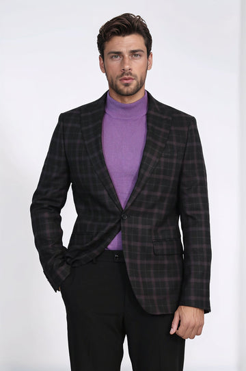 Men’s Midnight Black & Burgundy Checked Slim Fit Notch Lapel Blazer
