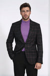 Men’s Midnight Black & Burgundy Checked Slim Fit Notch Lapel Blazer