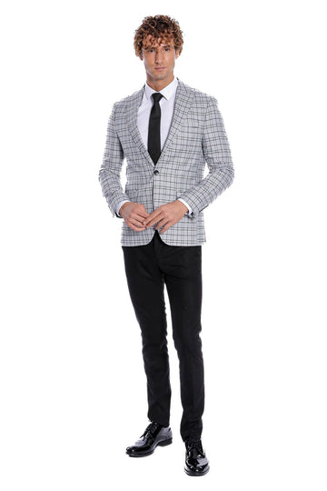 Men’s Sand Brown Windowpane Checked Slim Fit Notch Lapel Blazer
