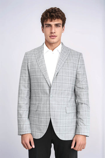 Men’s Light Grey Windowpane Checked Slim Fit Peak Lapel Sport Blazer