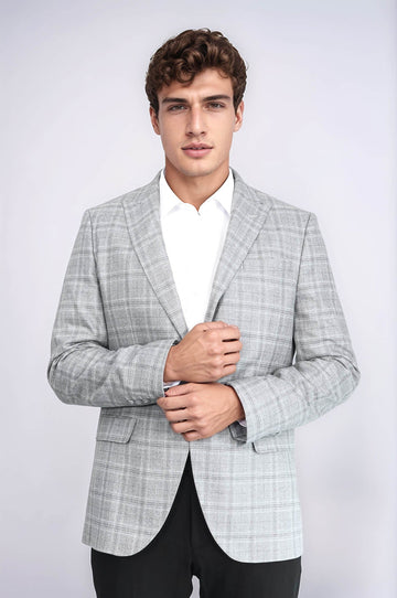 Men’s Light Grey Windowpane Checked Slim Fit Peak Lapel Sport Blazer