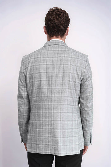 Men’s Light Grey Windowpane Checked Slim Fit Peak Lapel Sport Blazer