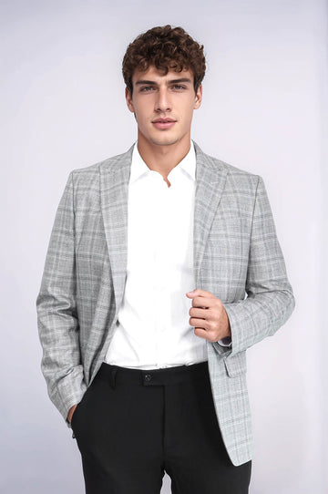 Men’s Light Grey Windowpane Checked Slim Fit Peak Lapel Sport Blazer