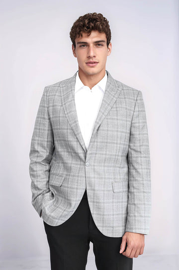 Men’s Light Grey Windowpane Checked Slim Fit Peak Lapel Sport Blazer