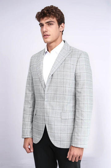 Men’s Light Grey Windowpane Checked Slim Fit Peak Lapel Sport Blazer
