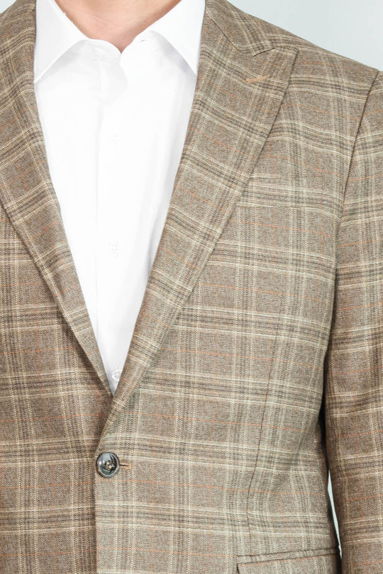 Men’s Light Brown Windowpane Check Slim Fit Peak Lapel Sport Blazer