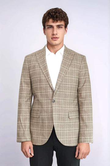 Men’s Light Brown Windowpane Check Slim Fit Peak Lapel Sport Blazer