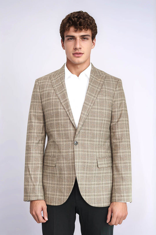 Men’s Light Brown Windowpane Check Slim Fit Peak Lapel Sport Blazer