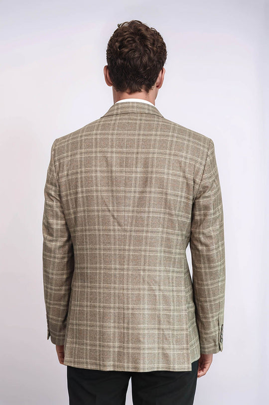 Men’s Light Brown Windowpane Check Slim Fit Peak Lapel Sport Blazer
