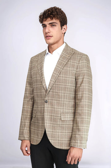 Men’s Light Brown Windowpane Check Slim Fit Peak Lapel Sport Blazer