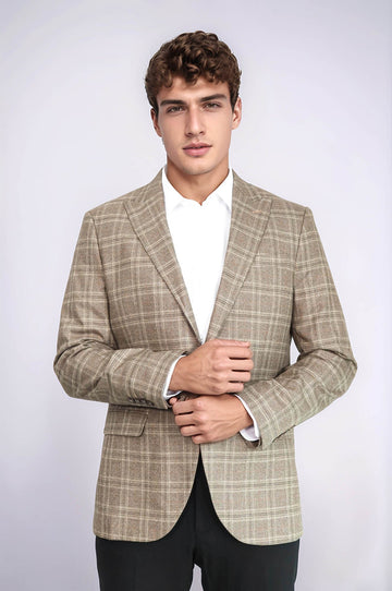 Men’s Light Brown Windowpane Check Slim Fit Peak Lapel Sport Blazer