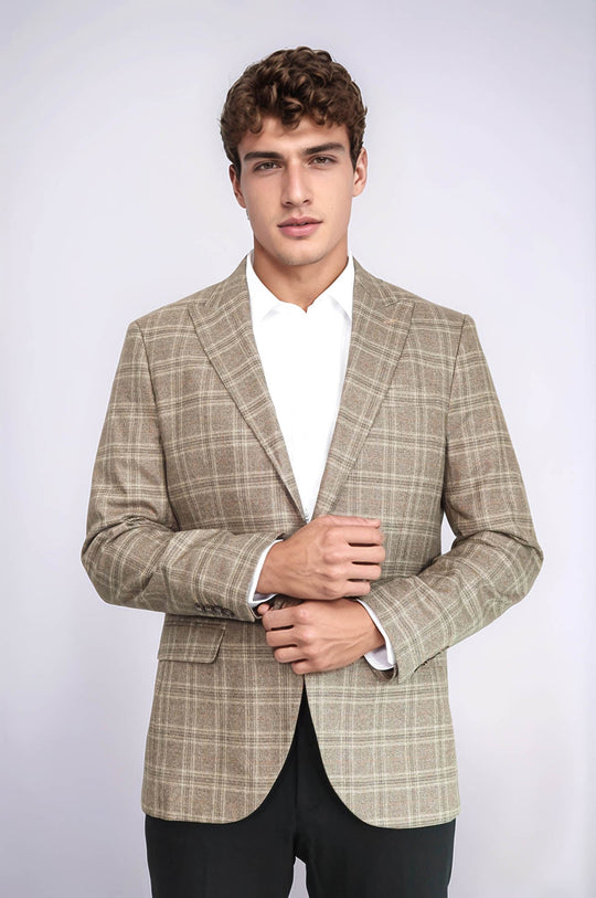 Men’s Light Brown Windowpane Check Slim Fit Peak Lapel Sport Blazer